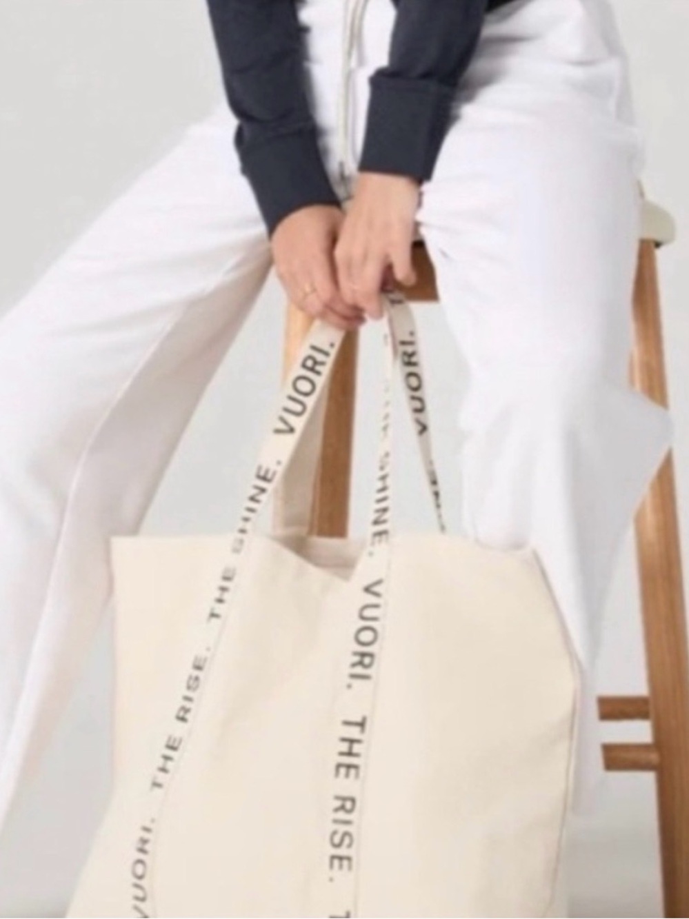 Vuori Cream Canvas Tote “the rise the shine”